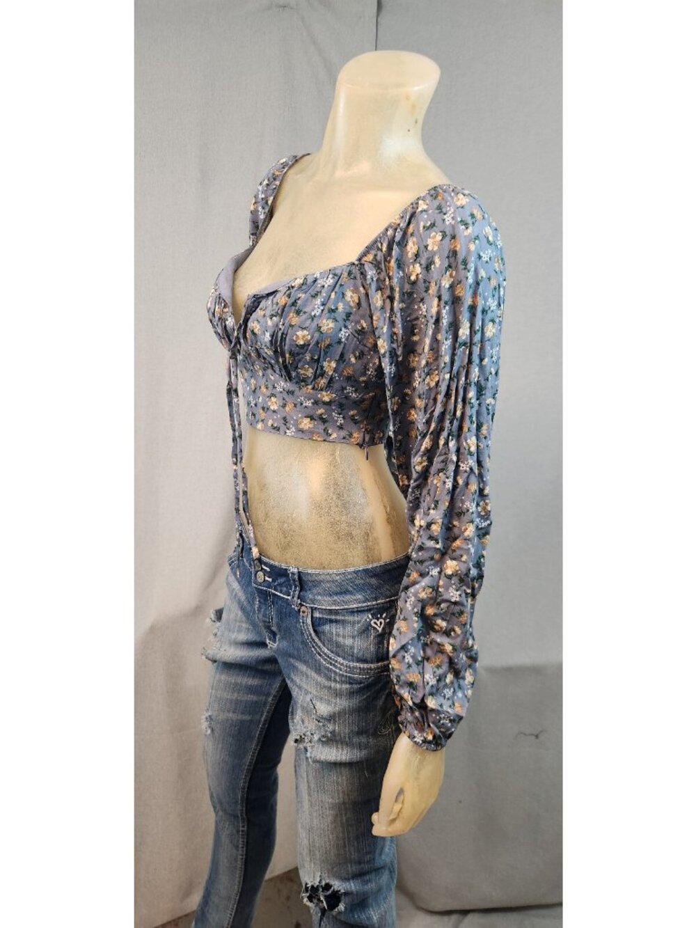 Altar'D State Blue Floral Long Slv Cropped Top Shirt Blouse XS XSMALL Womens NEW - Picture 7 of 8